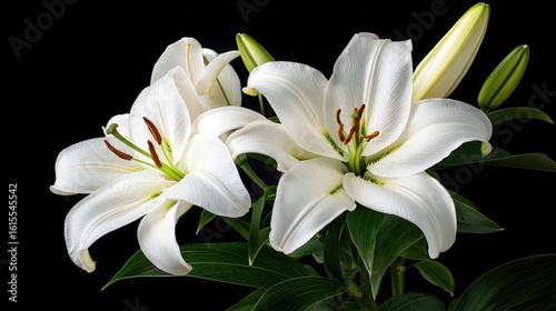 Elegant White Lilies in Bloom with Fresh Green Leaves on a Black Background