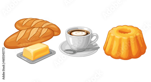 Breakfast still life with bread, butter, cake and coffee