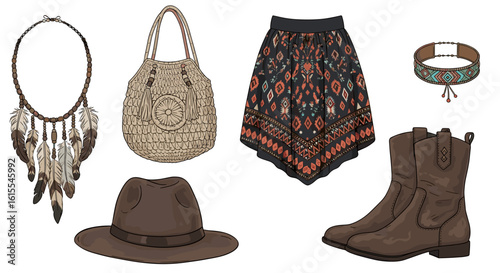 Bohemian styled fashion ensemble with accessories depicted against a white backdrop
