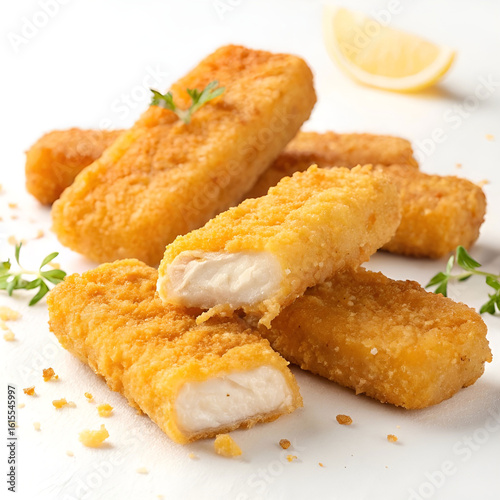 Crispy fish fingers isolated on a white background.