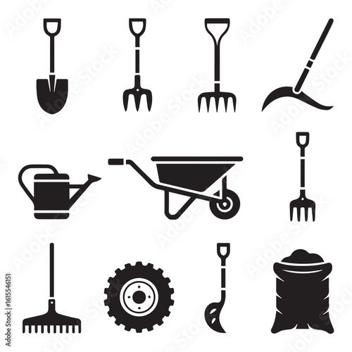 Vector art of a collection of essential gardening tools including a shovel, rake, watering can, and wheelbarrow