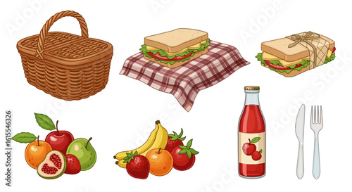 Picnic basket with assorted food items for outdoor recreation.