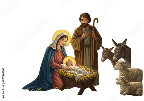 Christmas Nativity Illustration: Jesus Mary Joseph and Animals on Transparent Background