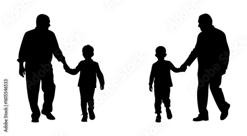 Two child with grandfather walking full black silhouette vector illustration design
