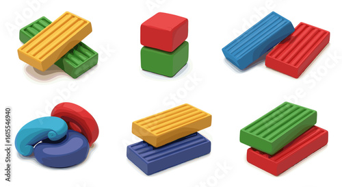 Colorful modeling clay blocks arranged in different formations on white
