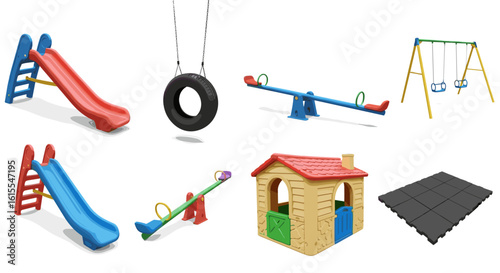 Colorful playground equipment set against a stark white background showcasing childhood joy