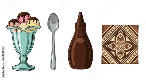 Colorful ice cream sundae illustration with spoon and chocolate elements