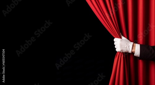 Stage curtain revealing black space with elegant white-gloved hand, adding intrigue. This stage curtain is drawn aside, highlighting elegant presentation, luxury unveiling.