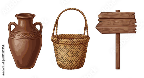Rustic collection featuring a vase, basket, and wooden signboard
