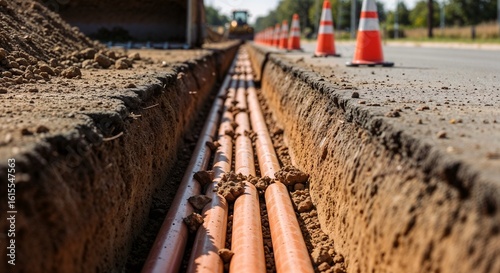 Construction site shows digging trench for laying pipes. Digging trench process includes laying pipes alongside road for utilities or cables.