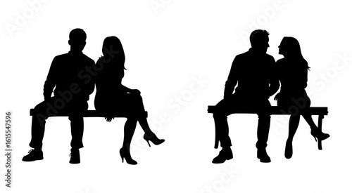 Two couple sitting on bench full black silhouette vector illustration design