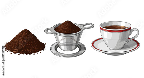 Coffee preparation stages depicted: ground coffee, filter, brewed beverage