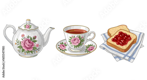 Charming English tea set illustration featuring teapot, cup, and jam toast.