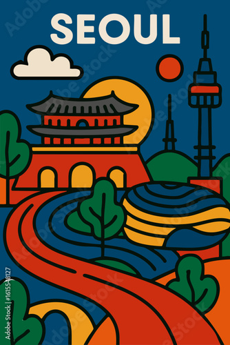 Stylized Seoul Cityscape Travel Poster