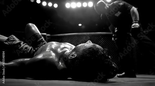 A fighter down on the mat with referee checking response