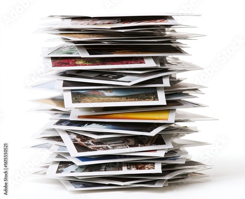 Towering stack of printed photographs