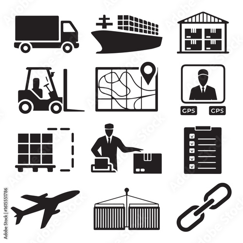 Vector art of a comprehensive set of black and white icons detailing the logistics and shipping industry, featuring various modes of transport and operations