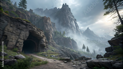 Rocky Mountain Cave Entrance, high-resolution, DnD inspired for scene background