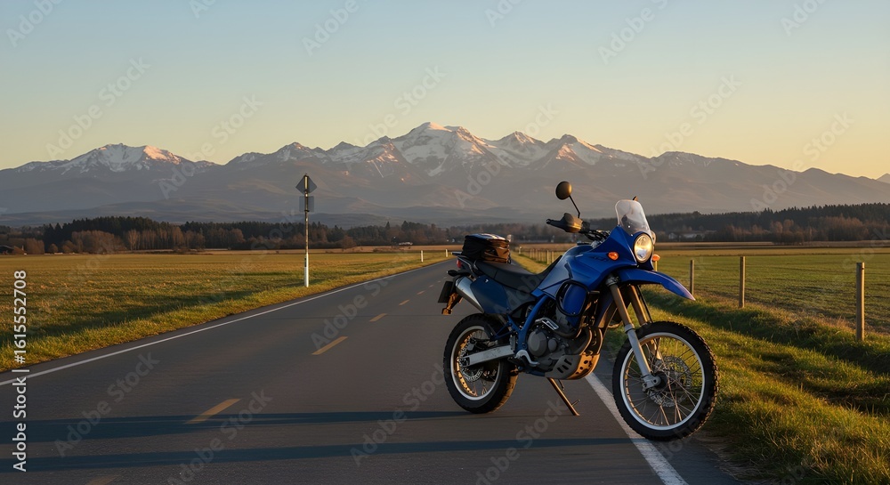 Obraz premium Motorcycle parked on a rural road with mountains in the background, adventure travel concept, scenic landscape, freedom on the road, wanderlust and exploration, perfect for illustrating outdoor journe