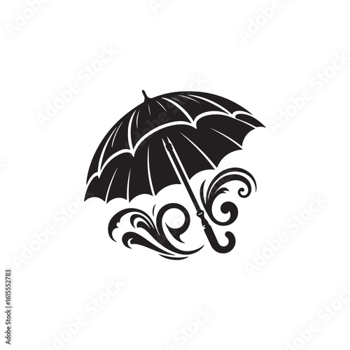 Bold black silhouette vector of an open umbrella, umbrella black vector