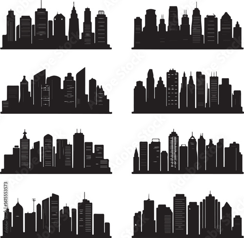 Eight Black Cityscape Silhouettes on White Background