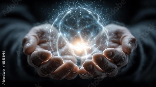 Illuminated hands holding a glowing sphere. Hands holding glowing energy sphere with quantum light particles and futuristic technology concept, symbolic power in science fiction