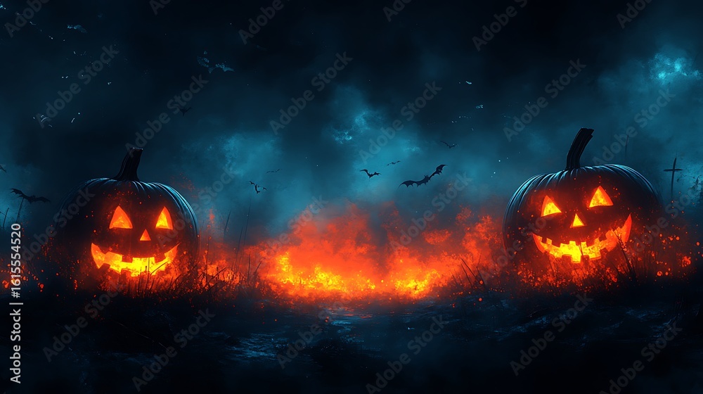 Naklejka premium Two glowing jack o lanterns in a fiery dark landscape with bats halloween pumpkin