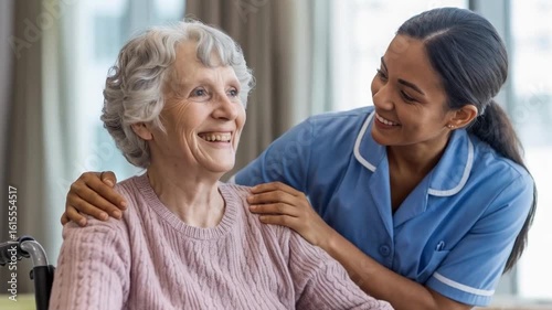 Caring nurse reassures elderly woman in wheelchair, fostering comfort and companionship in healthcare.