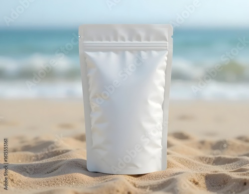 A white blank stand up pouch mockup on sand with a blurred ocean background on a sunny day outdoors