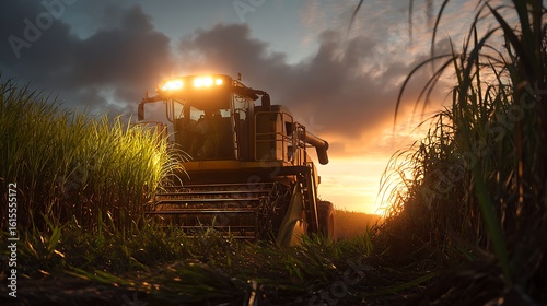 A dramatic, ultra-realistic action shot of a worker operating a large sugarcane harvester at dusk.