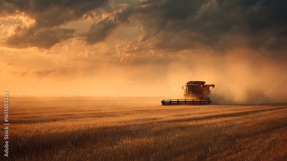 Fototapeta premium A dramatic, ultra-realistic shot of a worker operating a large combine harvester in a golden wheat field, seen from a distance at golden hour. 