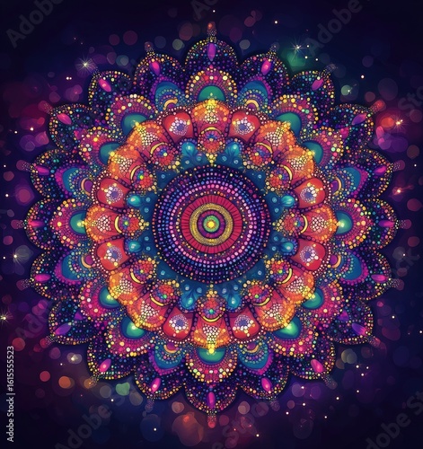 Vibrant mandala design with multicolored mosaic pattern, intricate details, and sparkling bokeh effect.