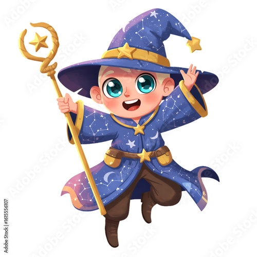 Cute Cartoon Wizard Boy Illustration In Blue Starry Outfit On Transparent Background
