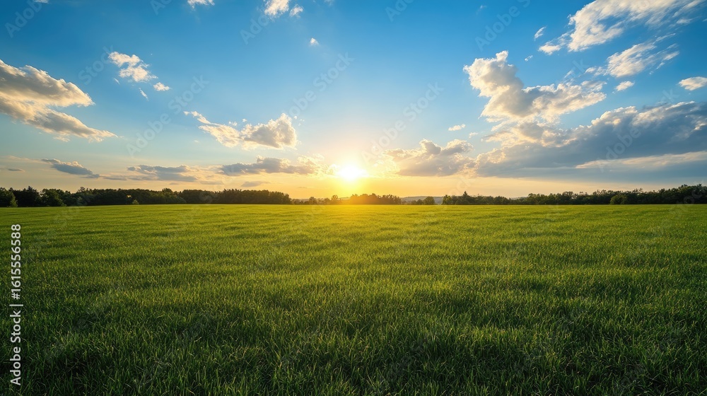 Vibrant Meadow Under Sunny Sky: An expansive green field stretches towards the horizon, illuminated by the radiant sun and scattered, puffy clouds in the vibrant sky. Vibrant Meadow Under Sunny Sky: An expansive green field stretches towards the horizon, illuminated by the radiant sun and scattered, puffy clouds in the vibrant sky.