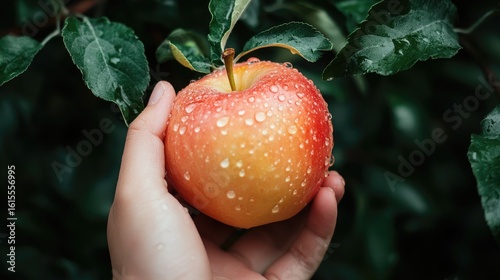 Fresh Harvest: An apple, vibrant with hues of red and yellow, rests gently in a hand, with droplets of water glistening, a symbol of nature's bounty and the joy of the harvest.