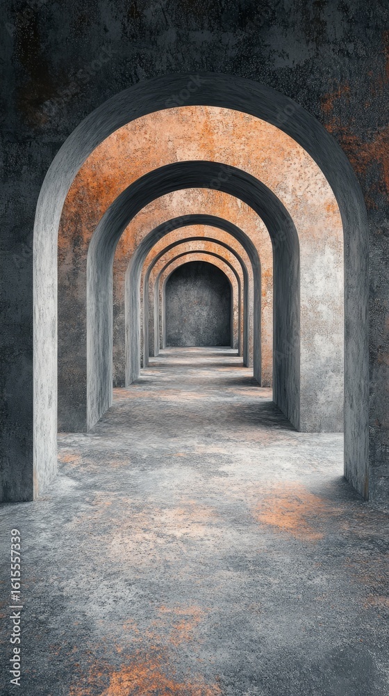 Fototapeta premium Arched Concrete Hallway Perspective with Dramatic Lighting