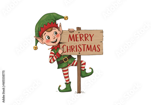 Cute Cartoon Elf Holding Merry Christmas Sign Illustration On Transparent Background