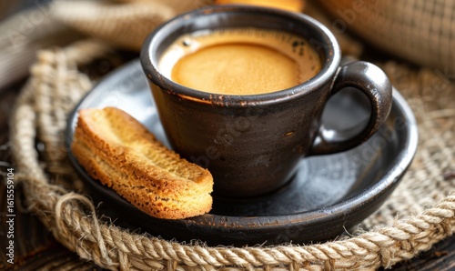 Aromatic espresso still life with ceramic cup and pastry on burlap