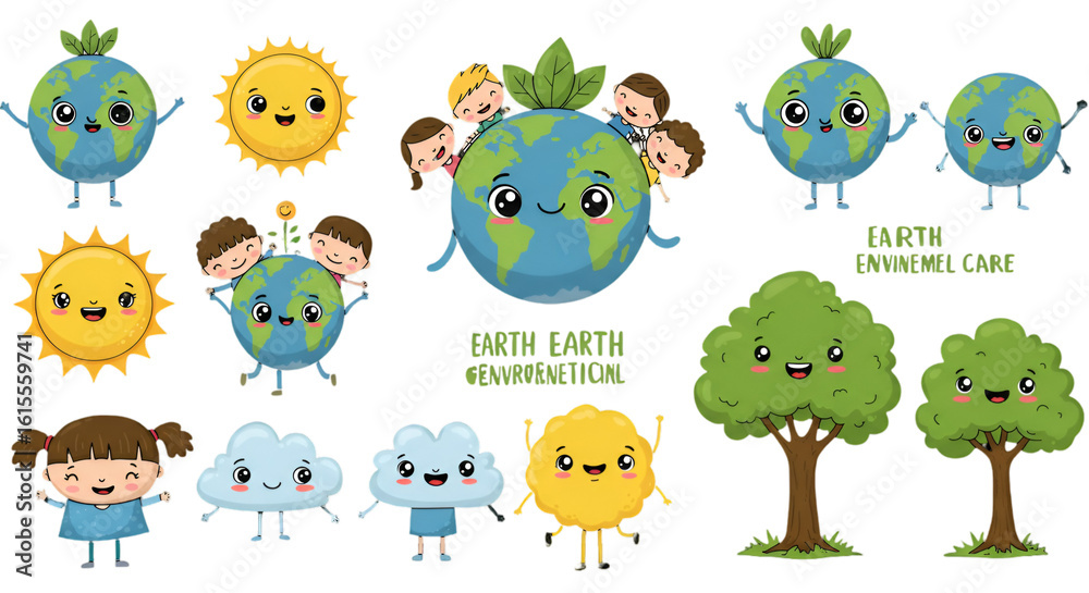Naklejka premium Cute Cartoon Illustration Of Earth Planet With Happy Smiling Children