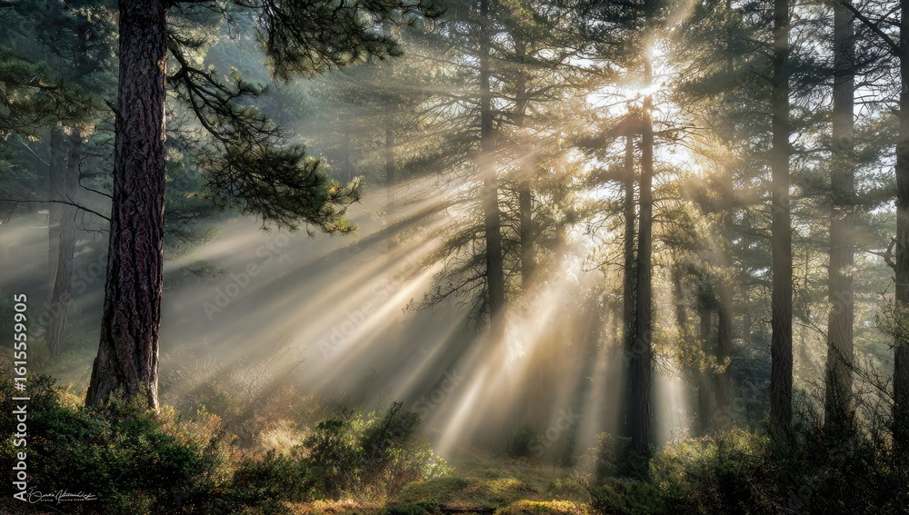 Naklejka premium Sunlight streams through a misty forest (2)