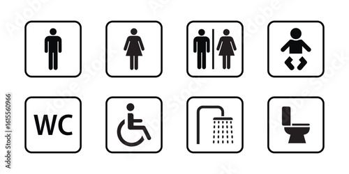 Washroom signs. Restroom or toilet door sign set containing gents, ladies, disabled, baby changing. Printable sticker vector.