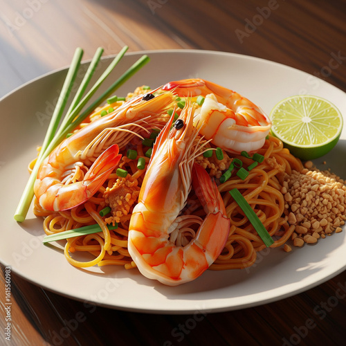 Authentic and Appetizing Pad Thai with Fresh Prawns..