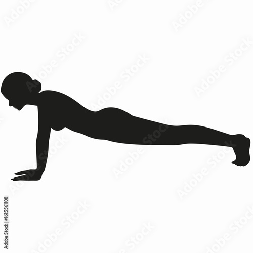 Silhouette of person holding plank position with body straight and parallel to the ground. Fitness, strength training, core workouts, and exercise-related creative content.