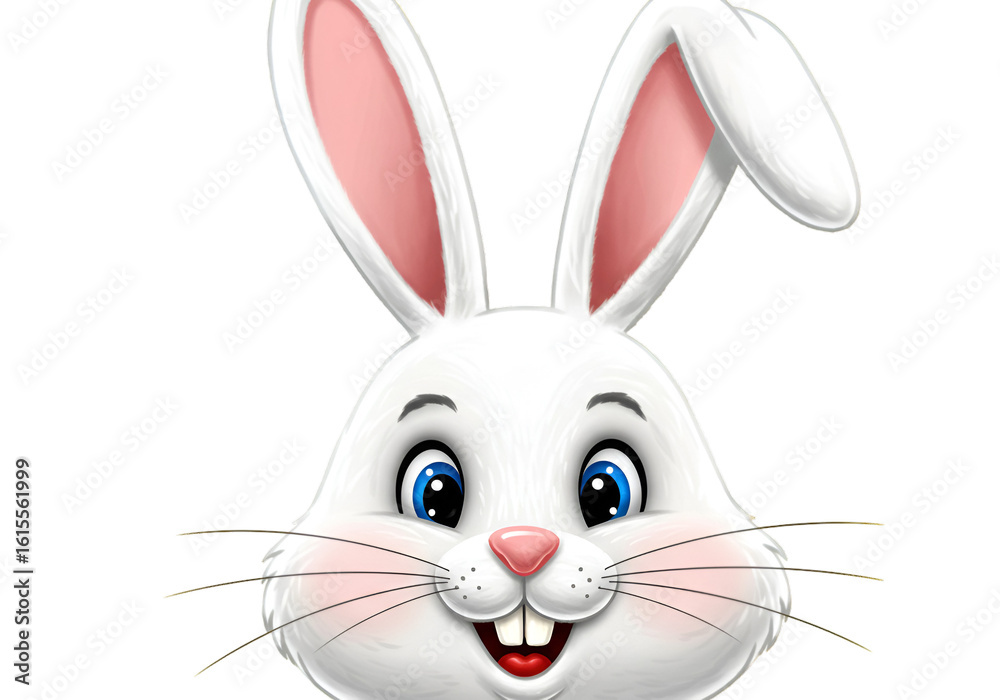 Fototapeta premium Cute White Bunny Portrait Illustration Happy Rabbit Smiling with Pink Ears