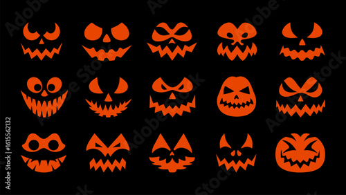 Collection of glowing halloween jack o lantern faces on black background