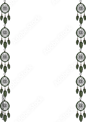 Elegant vector frame design featuring a repeating pattern of dark green dream catchers with feathers, perfect for invitations, cards, or backgrounds.