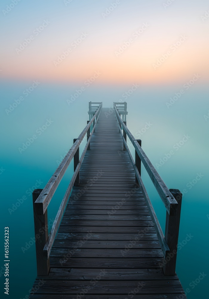 Fototapeta premium Tranquil Wooden Pier Extending Over Calm Water at Dusk, Misty Horizon, Serene Landscape