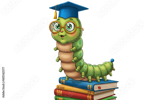 Cute Cartoon Caterpillar Student On Books Illustration Transparent Background