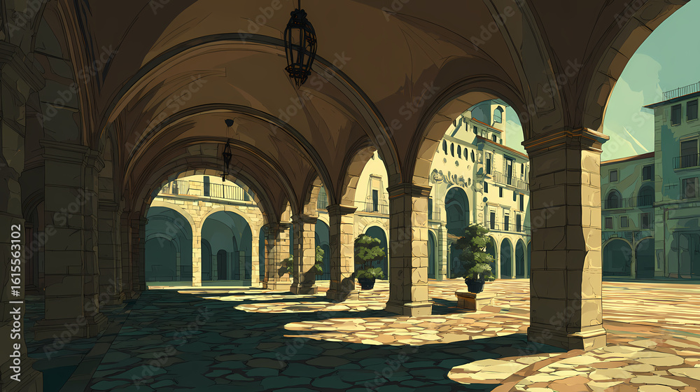 Fototapeta premium Octagonal plaza framed by vaulted arcades, patterned stone tiles gleaming under diffused morning light. Illustration