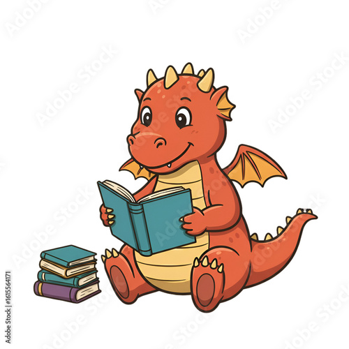 Cute Dragon Reading Book Illustration On Isolated Transparent Background